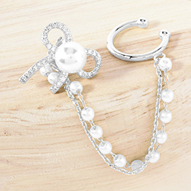 White Gold Dipped Pearl Accent CZ Stone Paved Bow Chain Ear Cuff Earrings