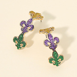 Glitter Mardi Gras Fleur de Lis Link Hoop Earrings