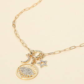 Stone Paved Moon and Star Evil Eye Celestial Charm Pendant Necklace