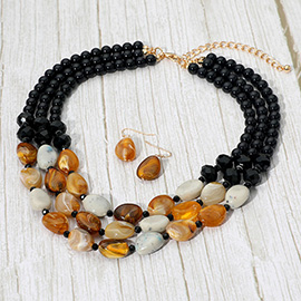 Bold Marbled Pebble Beaded Triple Layered Statement Necklace