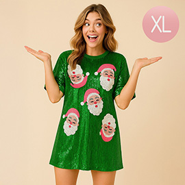 Santa Face Pattern Sequin Holiday Long Party Shirt