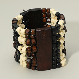 Wide Wooden Beaded Stretch Statement Bracelet