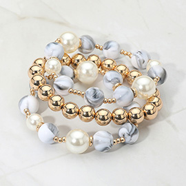 3PCS - Round Pearl Mixed Beaded Stretch Multi Layered Bracelets