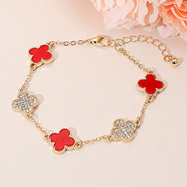 Gold Dipped Quatrefoil Charm Link Station Bracelet