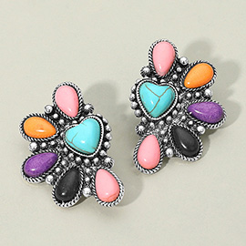 Vintage Heart Teardrop Multi Color Stone Fan Earrings