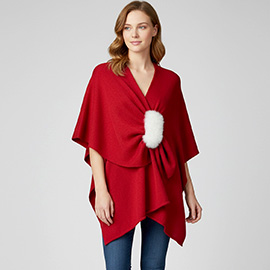 Fur Strap Trim Solid Knit Ruana Poncho