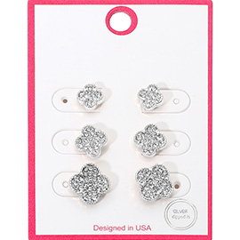3Pairs - Silver Dipped Stone Paved Quatrefoil Stud Earring Set