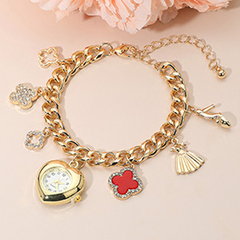 Gold Dipped Quatrefoil High Heel Dress Charm Heart Watch Bracelet