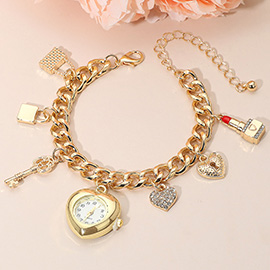 Gold Dipped Key Lipstick Heart Charm Watch Bracelet