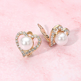 Rhinestone Paved Heart Pearl Clip On Earrings