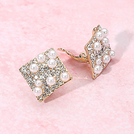 Rhinestone Pearl Embellished Square Clip On Earrings