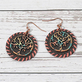 Stitched Faux Leather Layered Metal Tree of Life Dangle Earrings
