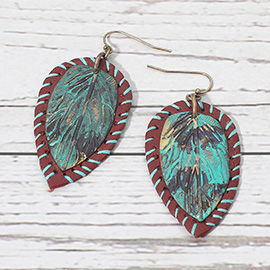 Stitched Faux Leather Layered Metal Leaf Dangle Earrings