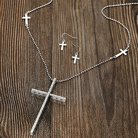 Star Shaped Punched Stone Paved Cross Pendant Long Necklace
