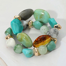 2PCS - Chunky Marble Pebble Beaded Stretch Multi Layered Bracelets