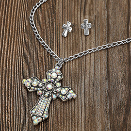 Stone Embellished Cross Pendant Necklace