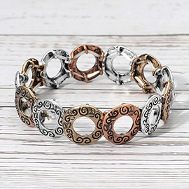 Vintage Metal Engraved Circle Beaded Stretch Bracelet