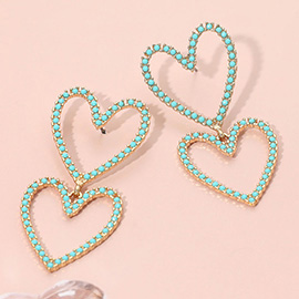 Stone Paved Open Heart Link Dangle Earrings