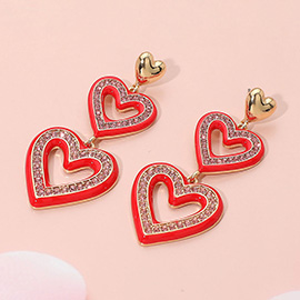 Rhinestone Paved Enamel Open Double Heart Link Drop Earrings