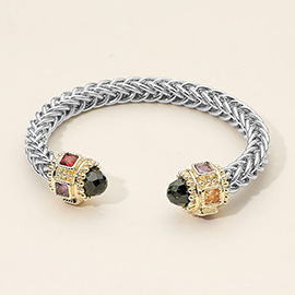 14K Gold Plated CZ Stone Tip Textured Metal Cuff Bracelet