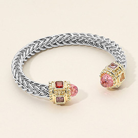 14K Gold Plated CZ Stone Tip Textured Metal Cuff Bracelet