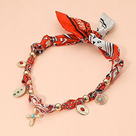 Stone Accent Boho Charm Station Fabric Scarf Adjustable Necklace