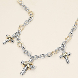 14K Gold Plated Two Tone Cross Charm Station Chain Necklace