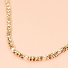 Pearl Accent Textured Metal Tube Beaded Necklace
