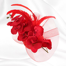 Feather Accent Mesh Floral Fascinator Hair Clip Headband