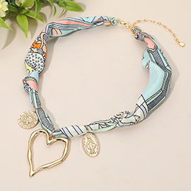 Metal Open Heart Sun Religious Medal Charm Fabric Scarf Necklace