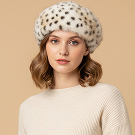 Plush Leopard Pattern Faux Fur Round Winter Beret Hat