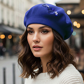 Decorative Sequin Rhinestone Embellished Winter Beret Hat