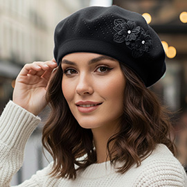 Floral Applique Accent Winter Beret Hat