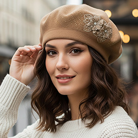 Floral Applique Accent Winter Beret Hat