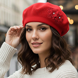 Floral Applique Accent Winter Beret Hat