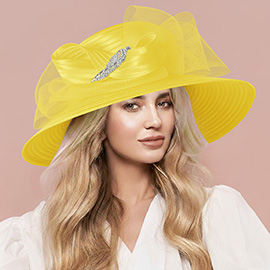 Rhinestone Embellished Feather Accented Mesh Bow Dressy Hat