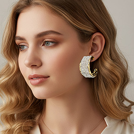 Bold Wide Rhinestone Paved Textured Metal Hoop Earrings