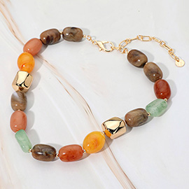 Chunky Marbled Resin Metal Pebble Beaded Necklace