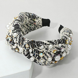 Pearl Stone Cluster Embellished Tweed Knot Headband