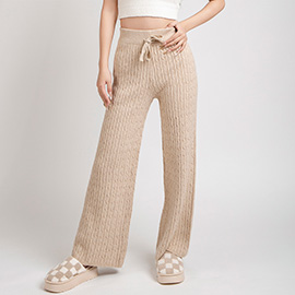 Solid Color Cable Knit High-Rise Wide Leg Lounge Pants