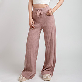Solid Color Ribbed Knit High-Rise Wide Leg Lounge Pants