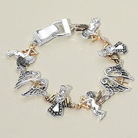 Two Tone Stone Paved Angel Wing Link Magnetic Bracelet