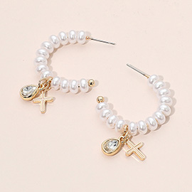 Cross Stone Cluster Charm Pearl Beaded Open Hoop Earrings