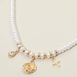 Flower Cross Teardrop Stone Cluster Charm Pearl Beaded Necklace
