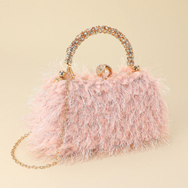 Crystal Handle Feather Embellished Clutch Crossbody Evening Bag