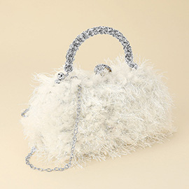 Crystal Handle Feather Embellished Clutch Crossbody Evening Bag
