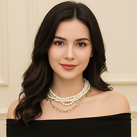 2PCS - Chunky Textured Metal Link Multi Layered Pearl Strand Necklaces