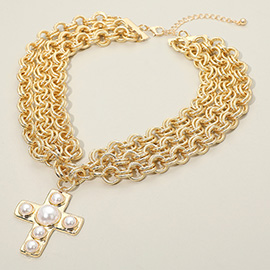 Bold Pearl Cross Pendant Accent Textured Metal Layered Chain Necklace