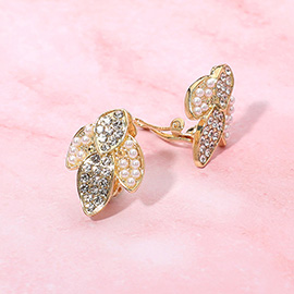 Rhinestone Pearl Paved Leaf Evening Clip On Earrings