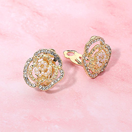 Floral Pearl Rhinestone Cluster Evening Clip On Earrings